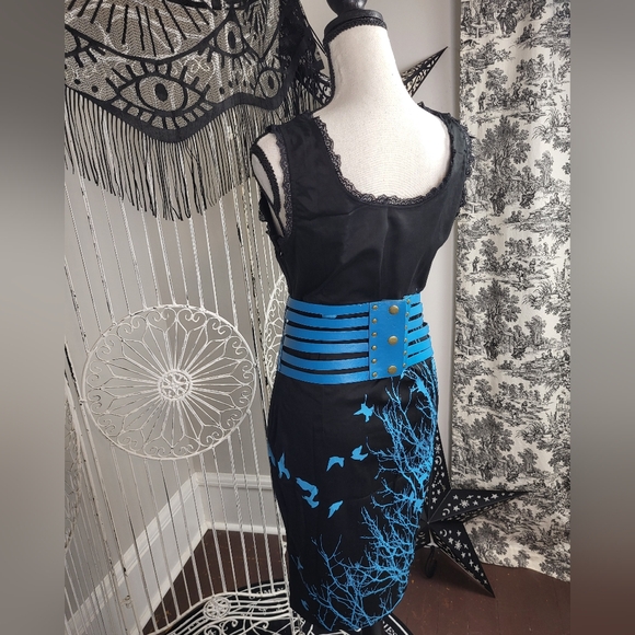 NWT Crow And Tree Black And Blue Pencil Dress Cage Buckle Belt Goth Deadstock - Picture 4 of 6